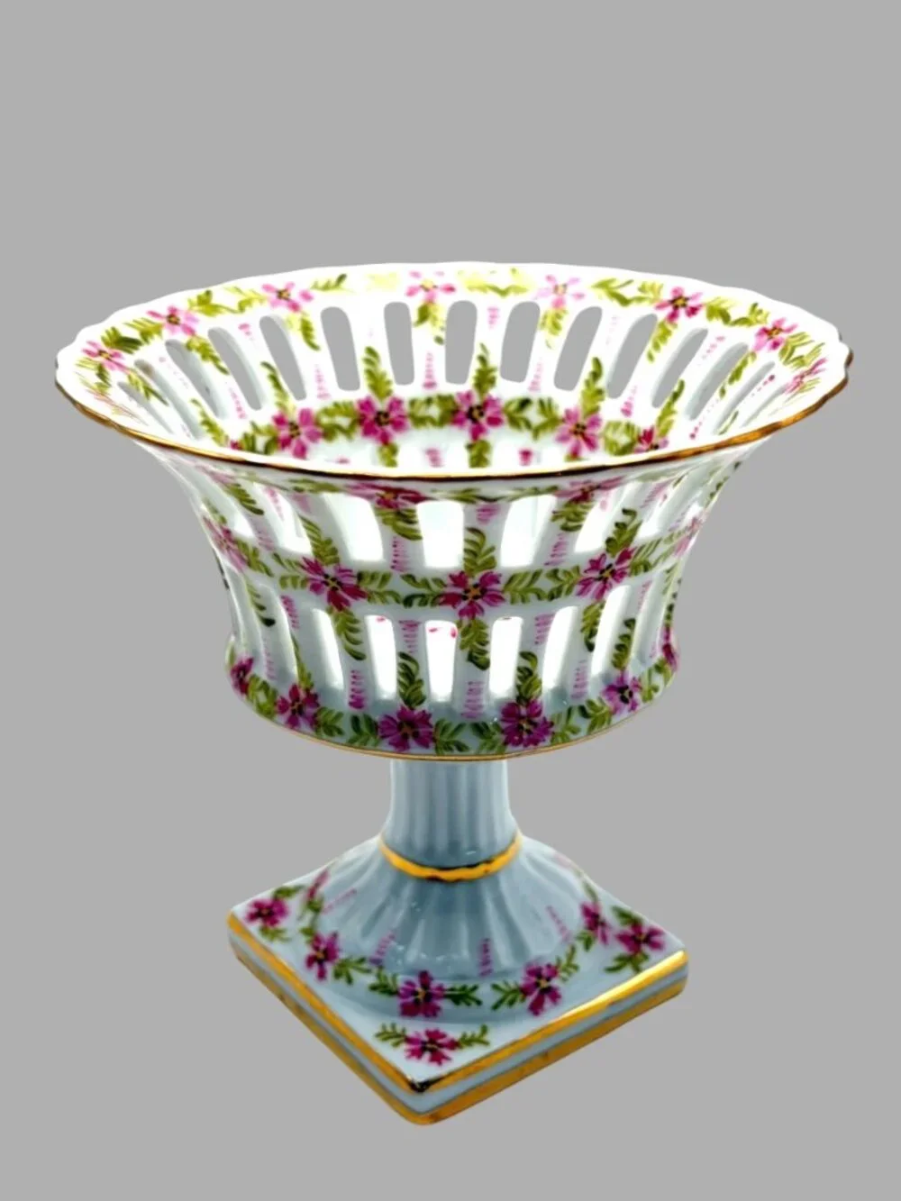 Royal Danube #1886 Pink Flower Porcelain Compote Pedestal Bowl Gold Trim Vintage